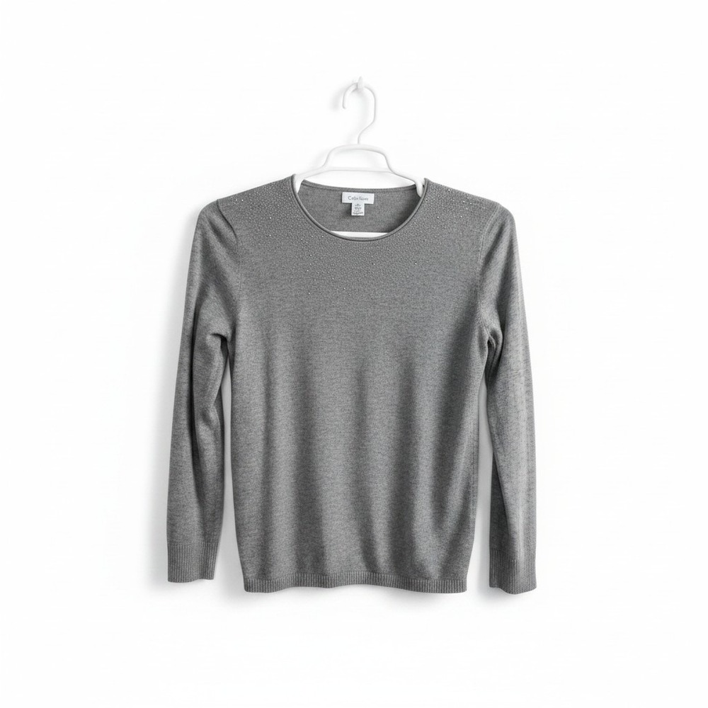 Calvin Klein women's Large gray Cotton Blend tiny rhinestones round Neck Sweater